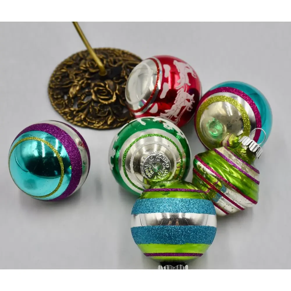 Radko Shiny Brite Flocked Stencil Glass Ball Christmas Tree Ornament Set